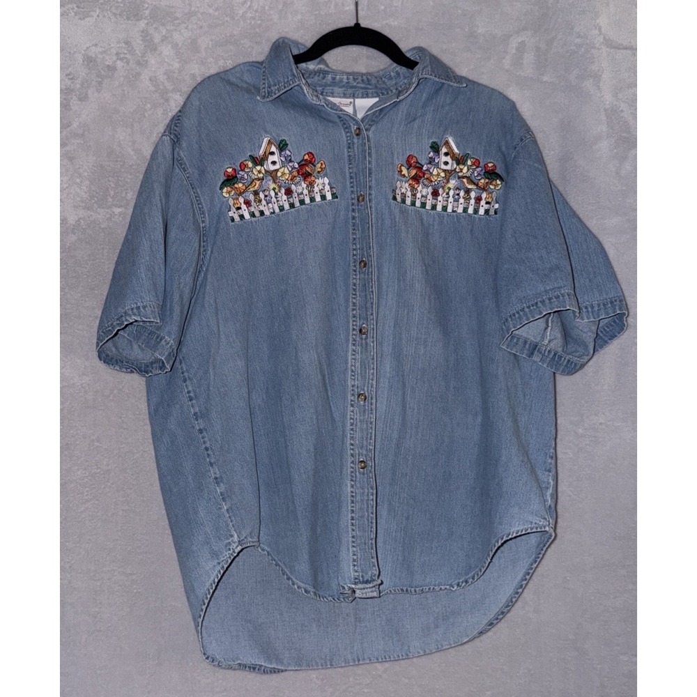 Vtg Bobbie Brooks Women's Denim Embroidered Floral/Birds Shirt X-Large Button Up
